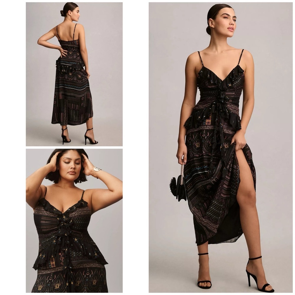 NWT Anthropologie Let Me Be Ruffle Floral Printed V-Neck Slip Midi Dress S​